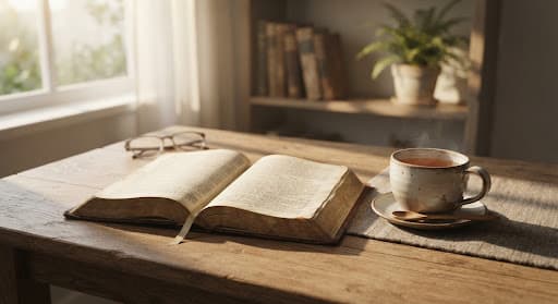 Biblia abierta sobre un escritorio, luz cálida de la mañana